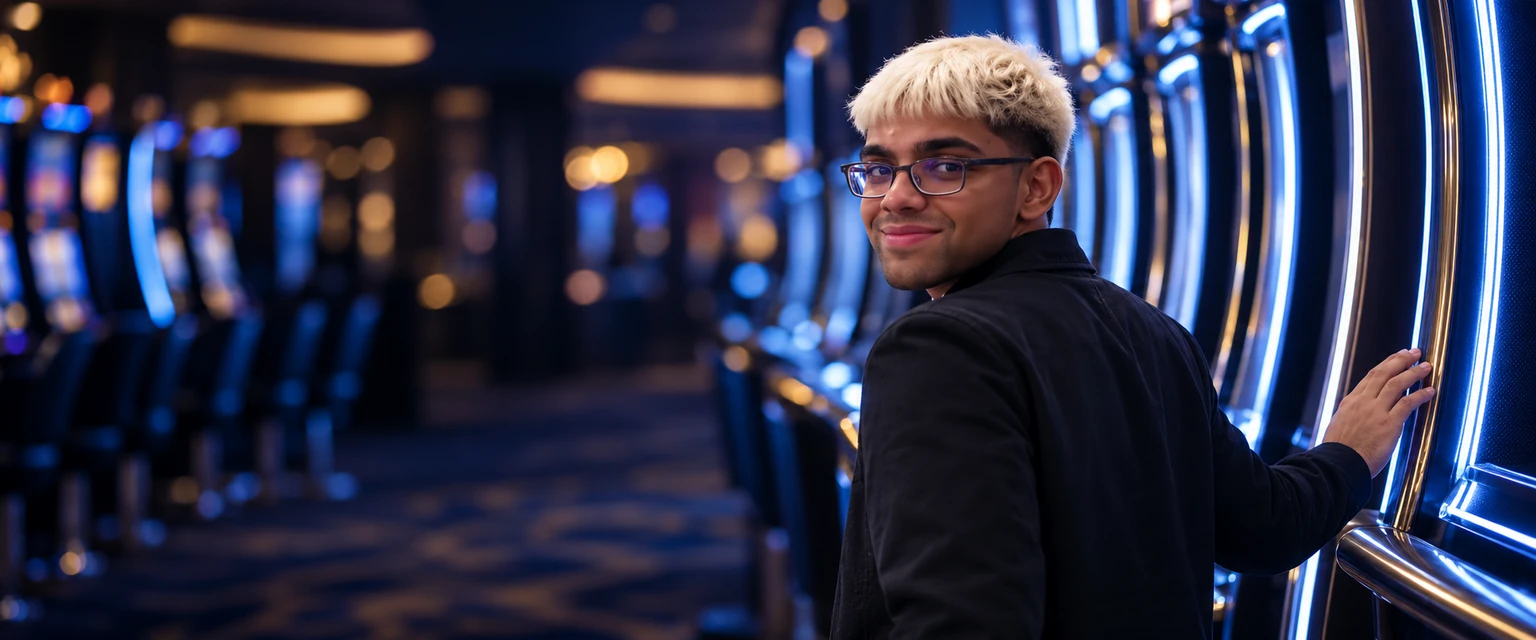 A person beside blue-lit casino machines